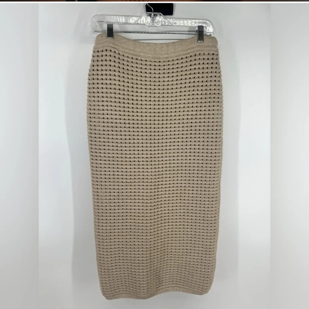 Gianni Bini Tan Crochet Edie Skirt Set Halter Top Natural Midi Skirt L Large - Picture 6 of 12